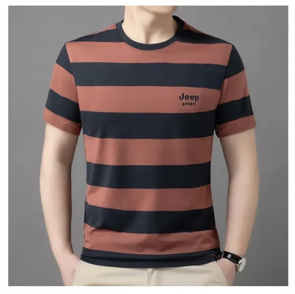 Design Jeep Spirit Striped Crew Neck T-Shirt Brown and Navy T-Shirts - 13