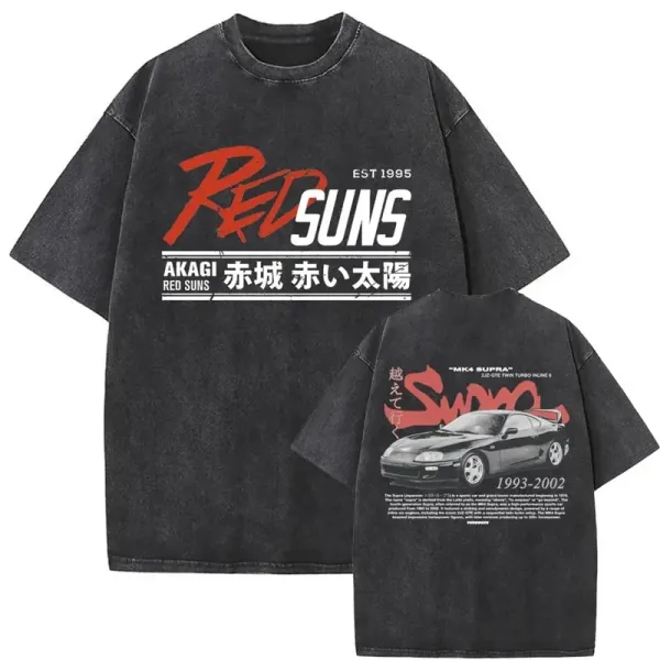 Design Red Suns Akagi T-Shirt Black Washed Oversized Graphic Tee T-Shirts - 1