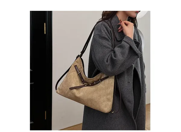 Design Suede Hobo Bag Black with Brown Leather Trim - 22