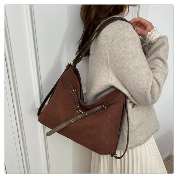 Design Suede Hobo Bag with Brown Leather Trim Black - 7