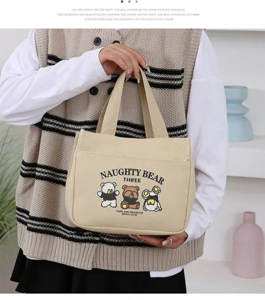 Design Naughty Bear Three Canvas Tote Bag Beige Tote Bag - 12