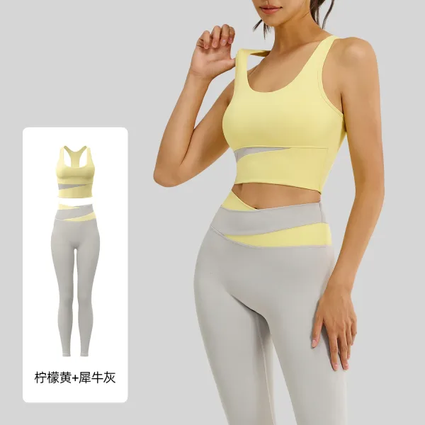 Design Two-Tone Cut-Out Sports Bra and Leggings Set Lemon Yellow + Rhino Gray Activewear - 1