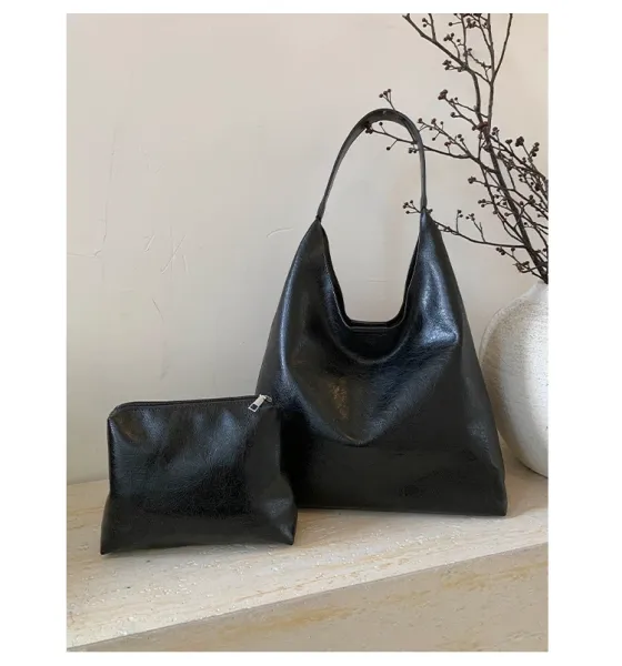 Design Hobo Bag Black Leather-Texture Shoulder Bag - 42