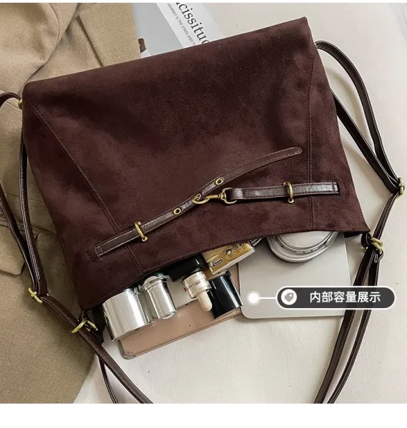Design Suede Hobo Bag with Brown Leather Trim Black - 17