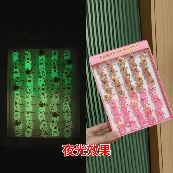 Design Glow-in-the-Dark Animal Rings Set Pink and Green Fashion Rings Jewelry - 1