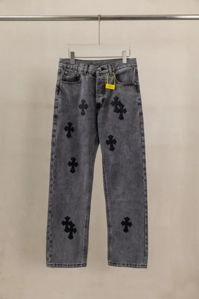 Chrome Hearts Cross Embroidered Gray Denim Jeans - 1