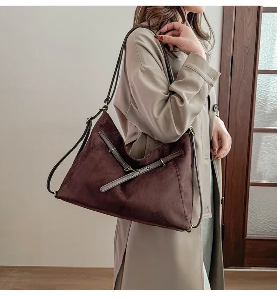 Design Suede Hobo Bag with Brown Leather Trim Black - 30