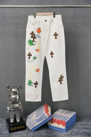 Chrome Hearts x Denim Tears White Embroidered Cross Jeans - 1