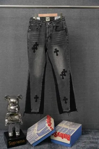 Chrome Hearts Cross-Embroidered Distressed Flared Jeans Gray - 1