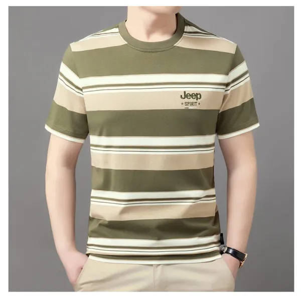 Design Jeep Spirit Striped Crewneck T-Shirt Army Green Beige T-Shirts - 16