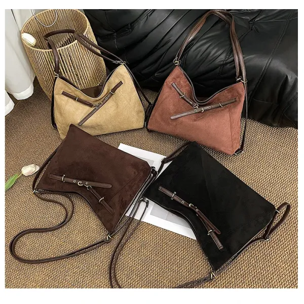 Design Suede Hobo Bag with Brown Leather Trim Black - 35