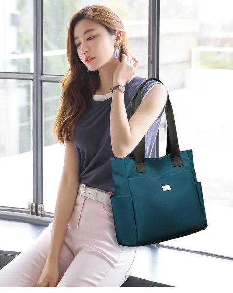Design Tote Bag Teal with Black Straps Handbag - 19