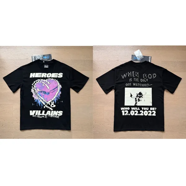 Design Meiruood Heroes & Villains Album Graphic T-Shirt Black T-Shirts - 1