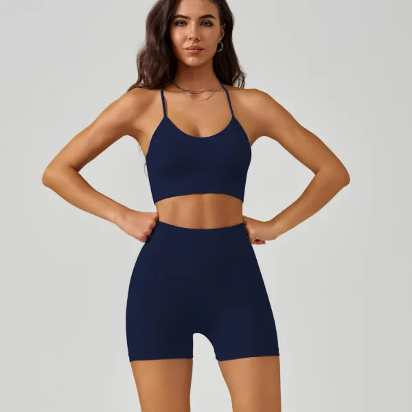Design Ribbed Sports Bra and High-Waist Shorts Set Navy Activewear - 1