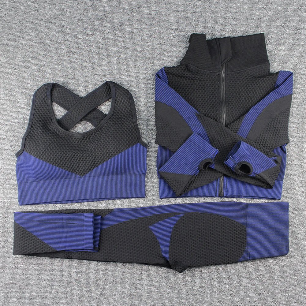 Activewear Set Navy and Black Mesh Panel Sports Bra, Zip-Up