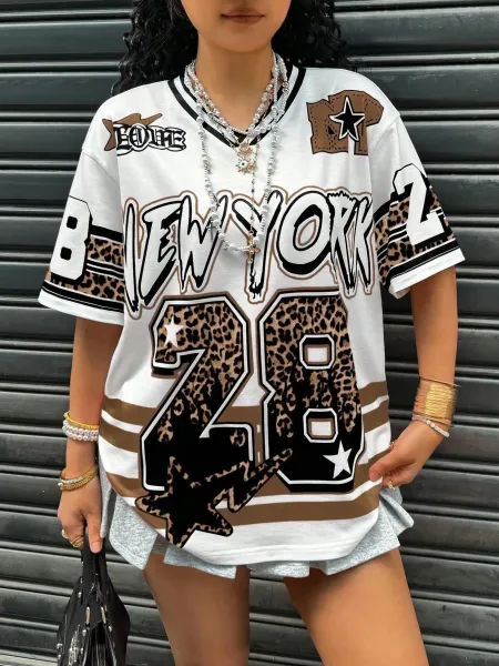 Design Religious Icon Graphic Oversized T-Shirt with Lace Hem in Brown Multicolor - 24