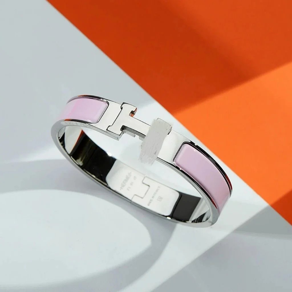 Hermès Jewelry H-Link Enamel Bangle Bracelet — Platinum light powder H bracelet with packing
