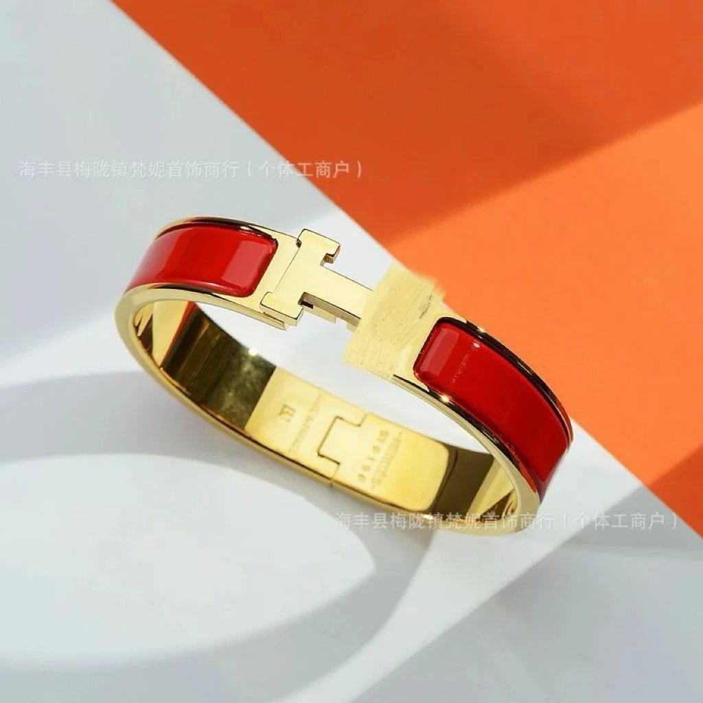 Hermès Jewelry H-Link Enamel Bangle Bracelet — Gold red H bracelet with packing