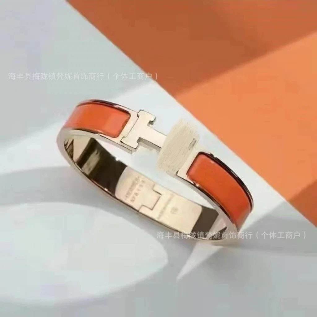 Hermès Jewelry H-Link Enamel Bangle Bracelet — Rose gold orange H bracelet with packing