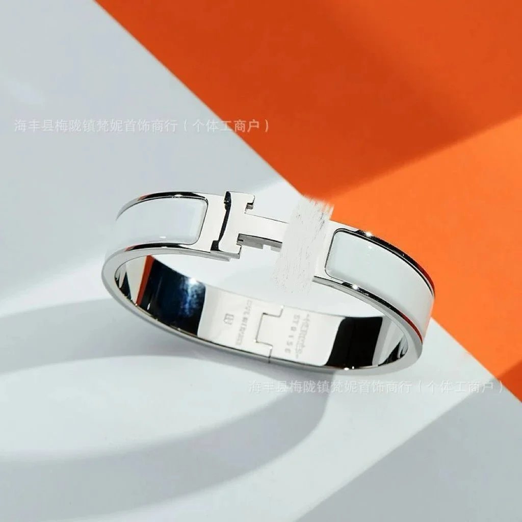 Hermès Jewelry H-Link Enamel Bangle Bracelet — Platinum white H bracelet with packing