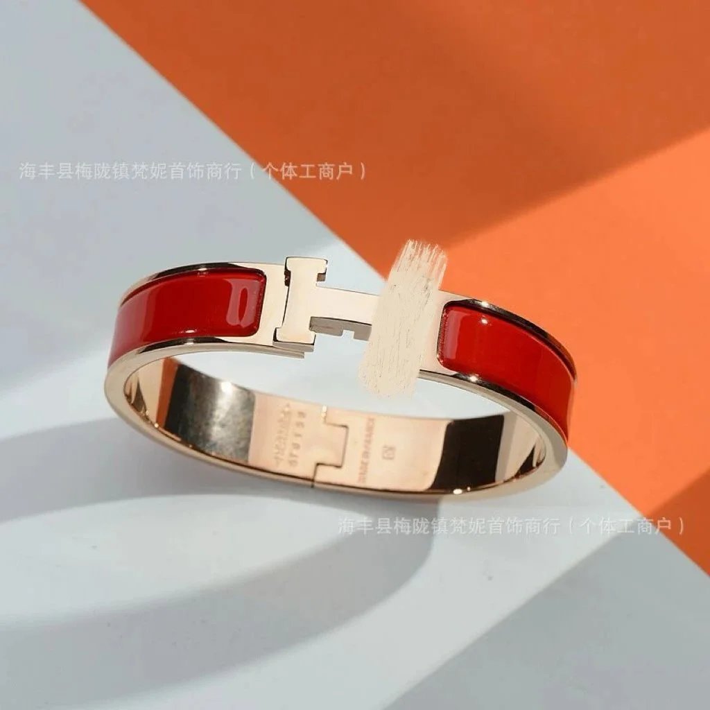 Hermès Jewelry H-Link Enamel Bangle Bracelet — Rose gold red H bracelet with packing