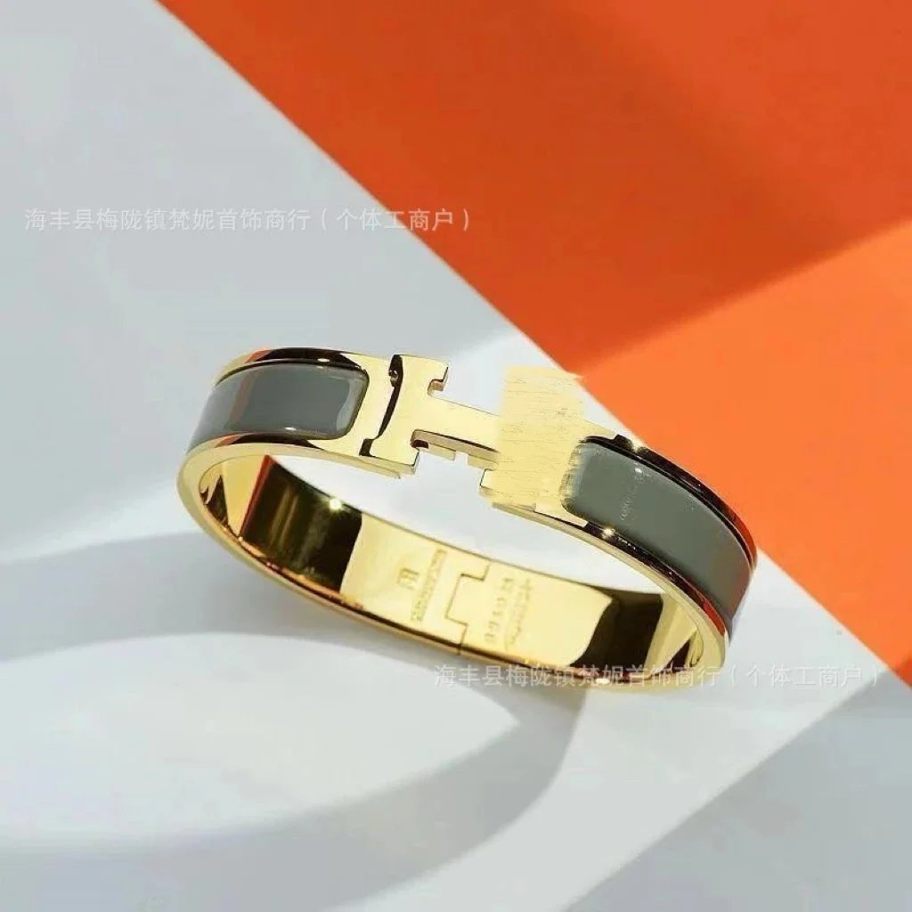 Hermès Jewelry H-Link Enamel Bangle Bracelet — Gold gray H bracelet with packing