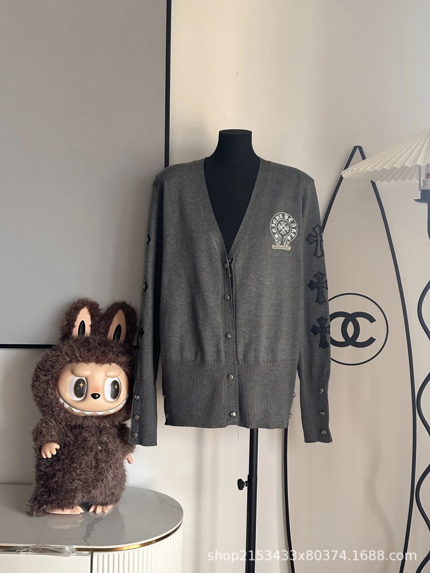Leather Patch Knit Cardigan photo 3