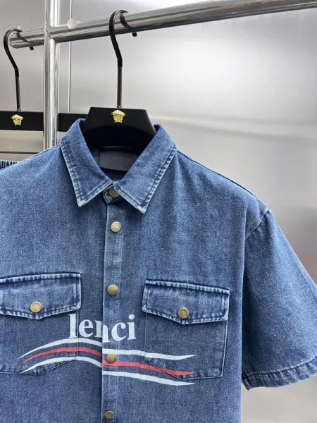 Lenci Denim Short-Sleeve Shirt with Graphic Logo in Washed Gray - 5