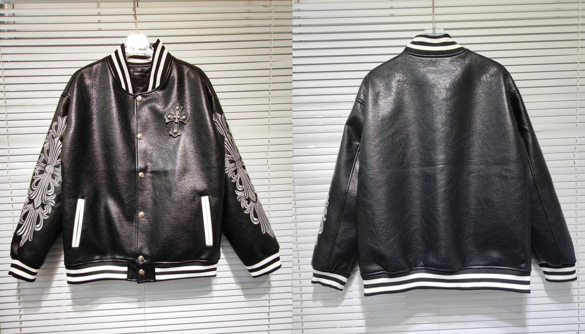 Embroidered Leather Baseball Jacket photo 6