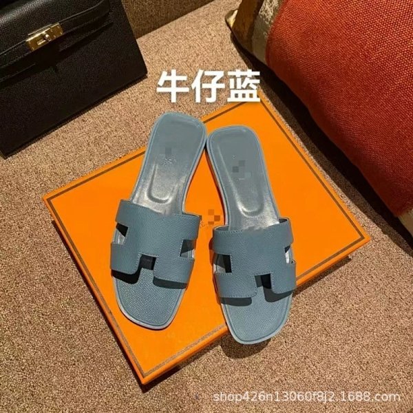 Hermès Oran Slide Sandals Blue Leather Slippers product listing in Litbuy spreadsheet finds