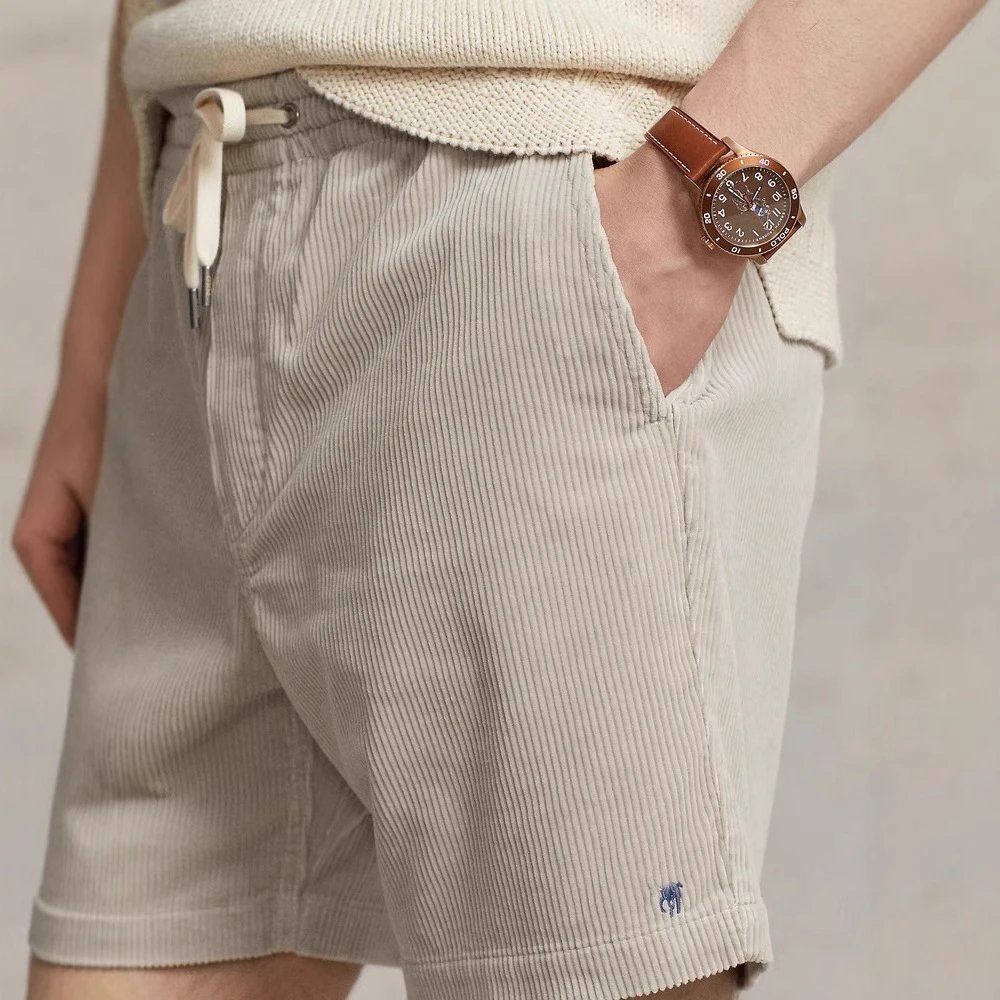 RL Ralph Lauren Pony Logo Loose-Fit Breathable 5-Inch Inseam Embroidered Summer Casual Pure Cotton Corduroy Shorts for Men and Couples