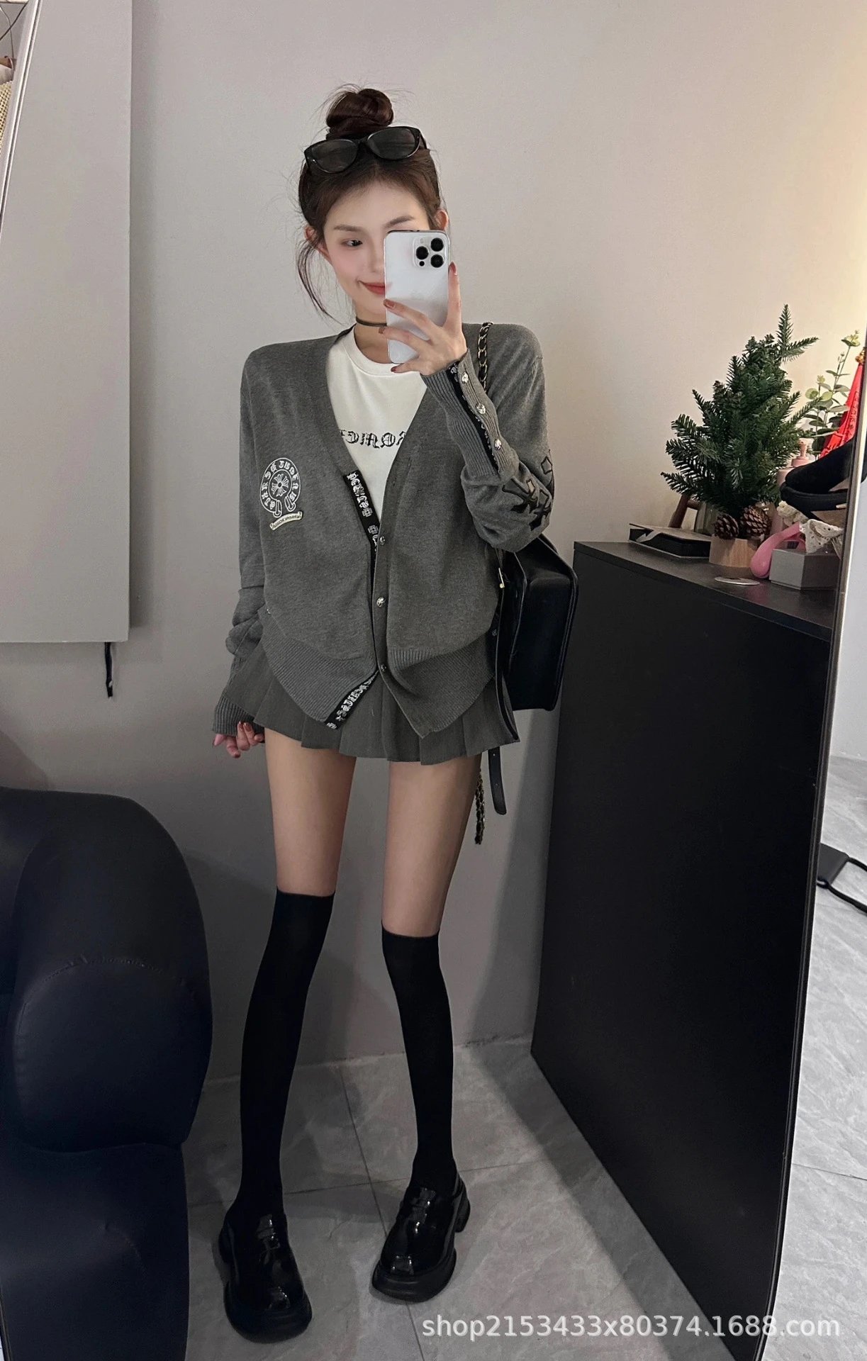 Leather Patch Knit Cardigan photo 7