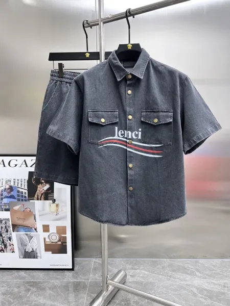 Lenci Denim Short-Sleeve Shirt with Graphic Logo in Washed Gray - 1