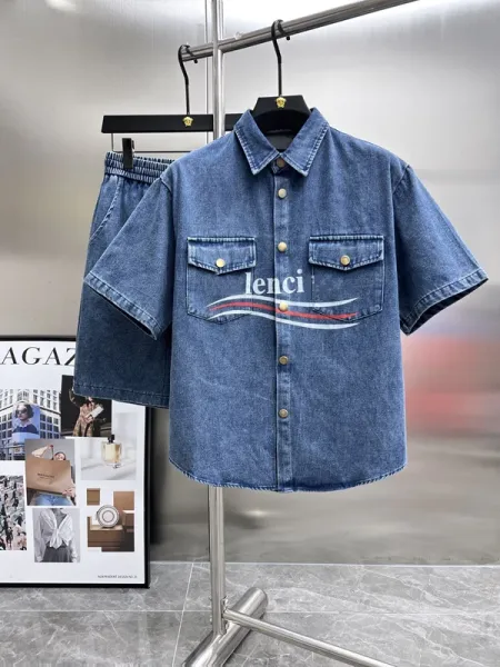 Lenci Denim Short-Sleeve Shirt with Graphic Logo in Washed Gray - 3