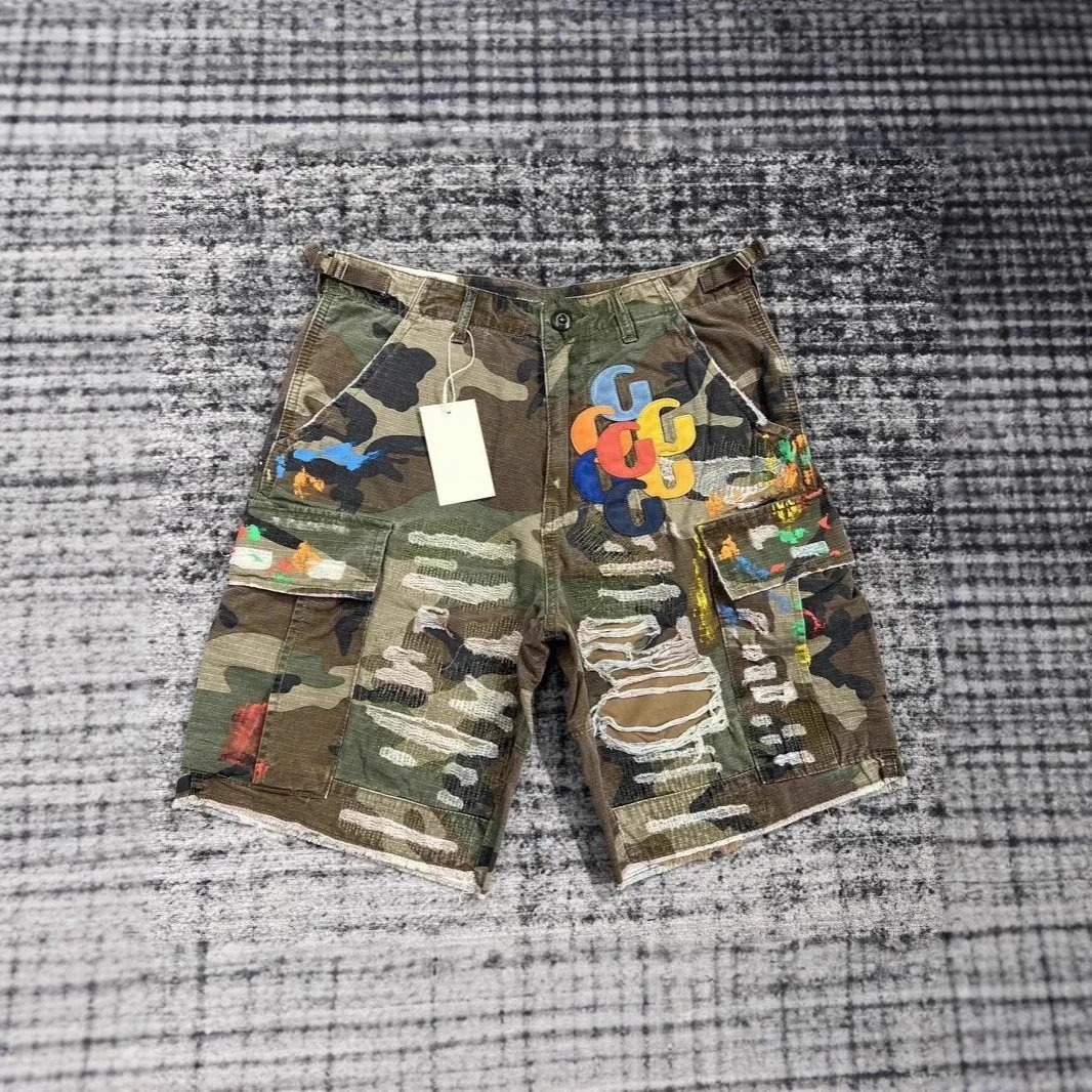 Street Hip-Hop Embroidered Spliced Distressed Denim Shorts