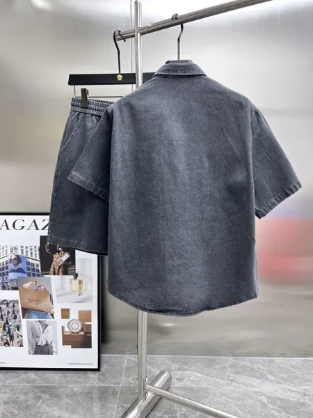 Lenci Denim Short-Sleeve Shirt with Graphic Logo in Washed Gray - 2