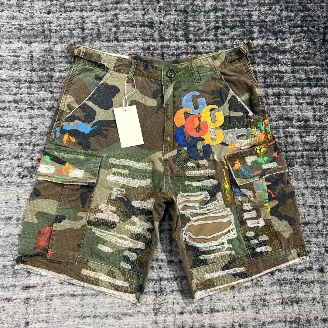 Street Hip-Hop Embroidered Spliced Distressed Denim Shorts photo 5