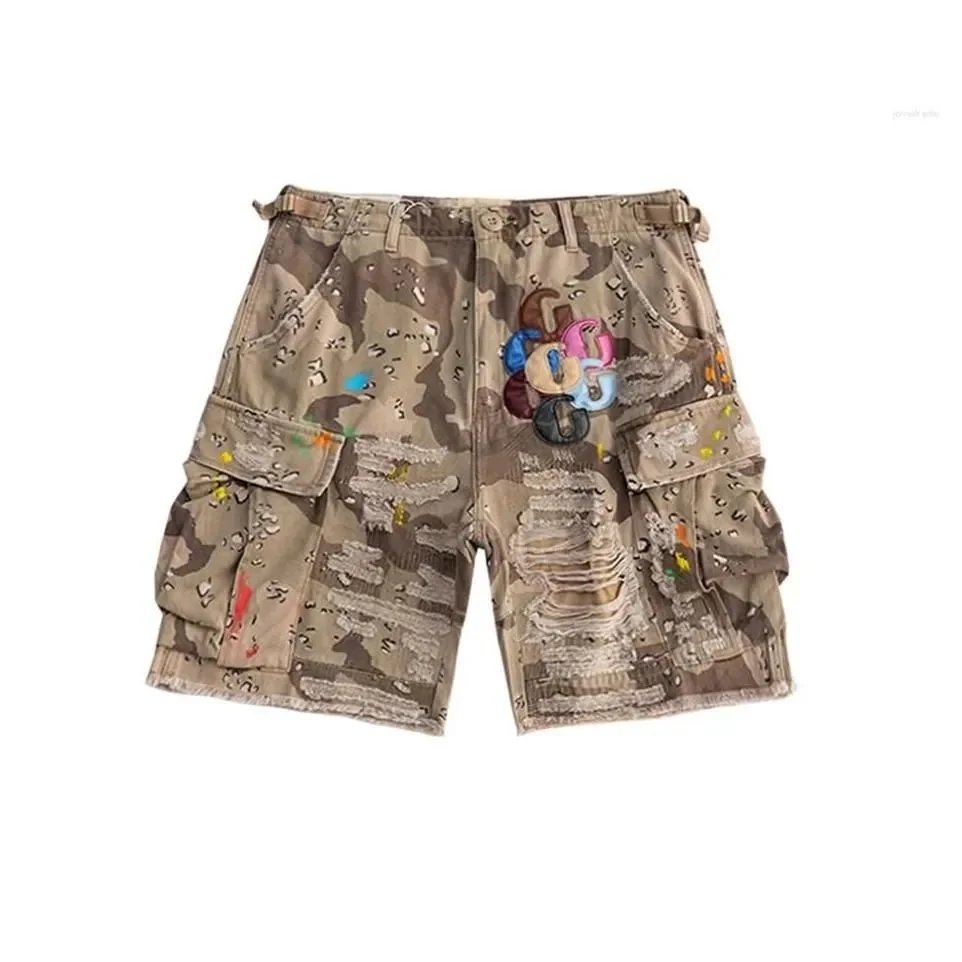 Street Hip-Hop Embroidered Spliced Distressed Denim Shorts photo 2