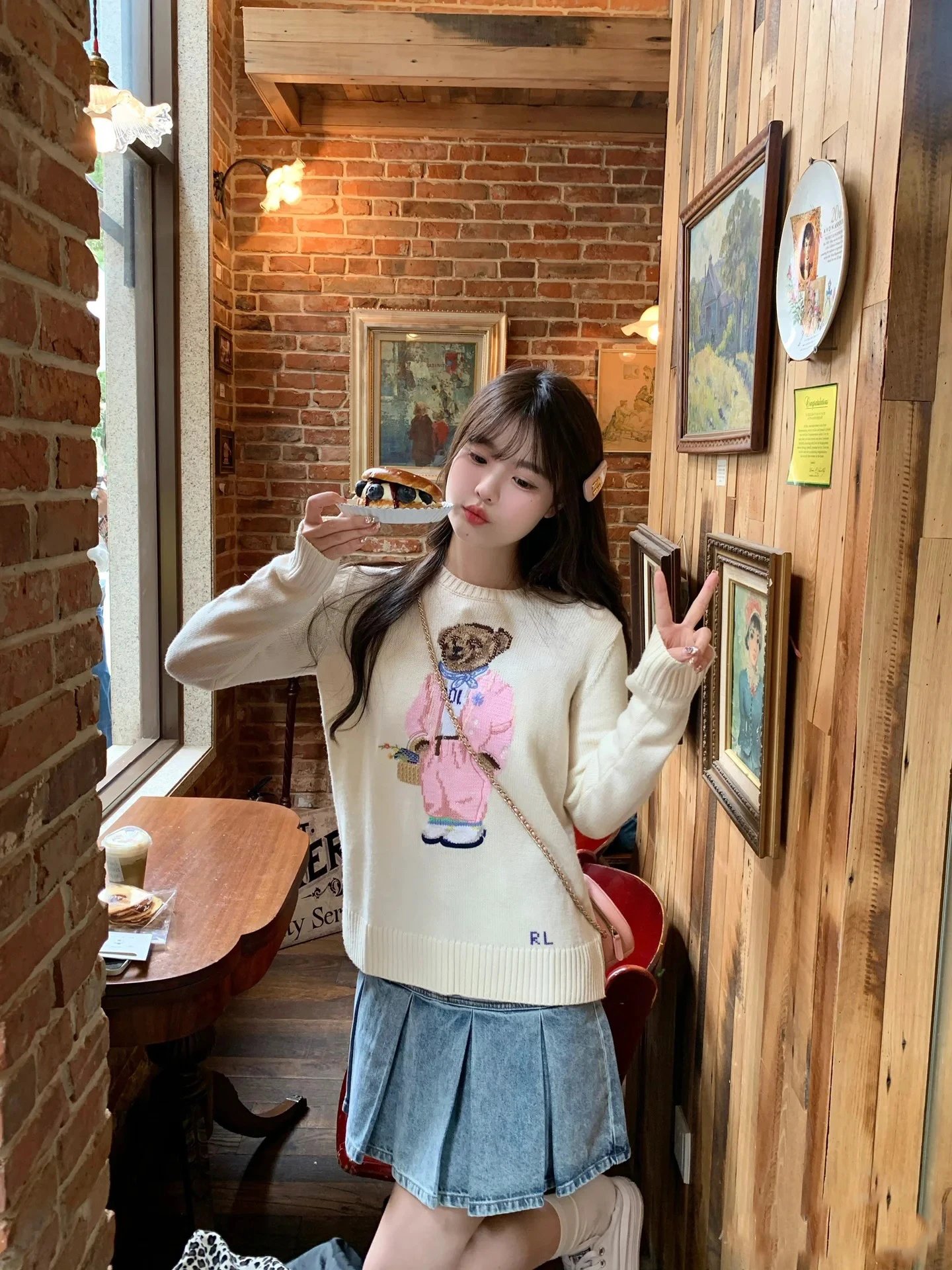 Embroidered Pink Bear Knit Long Sleeve photo 2