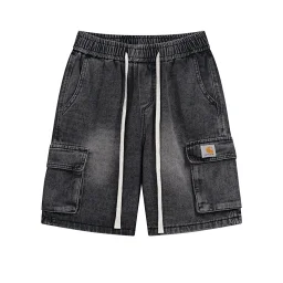 thumbnail for Loose straight high-end leather label cargo denim shorts