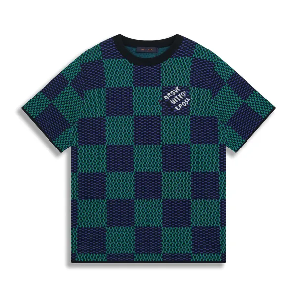 Design JUJI JITO Checkerboard Knit T-Shirt Navy Green T-Shirts - 1