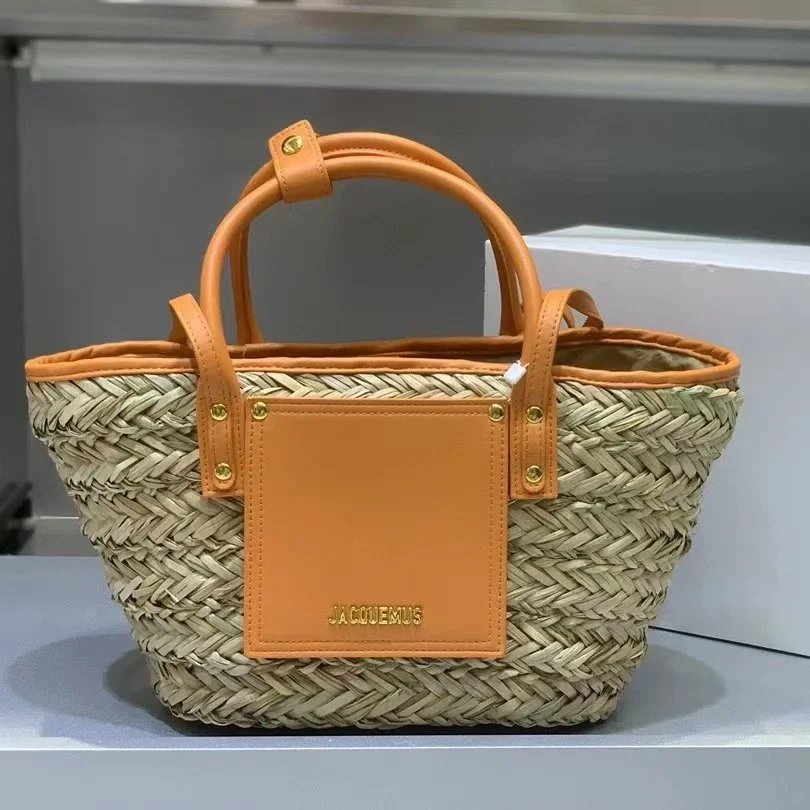 Jacquemus Handbags Woven Straw Basket Handbag with Leather Trim — Orange