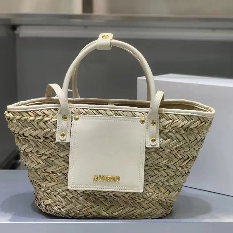 Jacquemus Handbags Woven Straw Basket Handbag with Leather Trim — white
