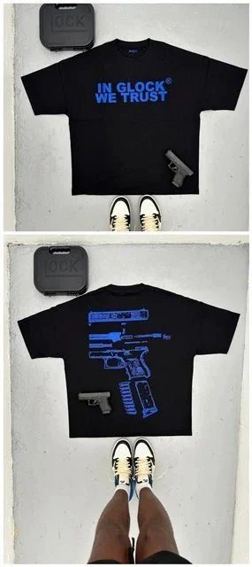 Glock T-Shirts Short-Sleeve Graphic T-Shirt with "IN WE TRUST" and Pistol Print — 【180 Ke】-X 1 Blue Letters (Black)