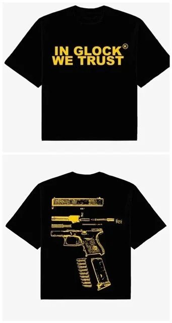 Glock T-Shirts Short-Sleeve Graphic T-Shirt with "IN WE TRUST" and Pistol Print — 【180 Ke】-X 1 Yellow Letters (Black)