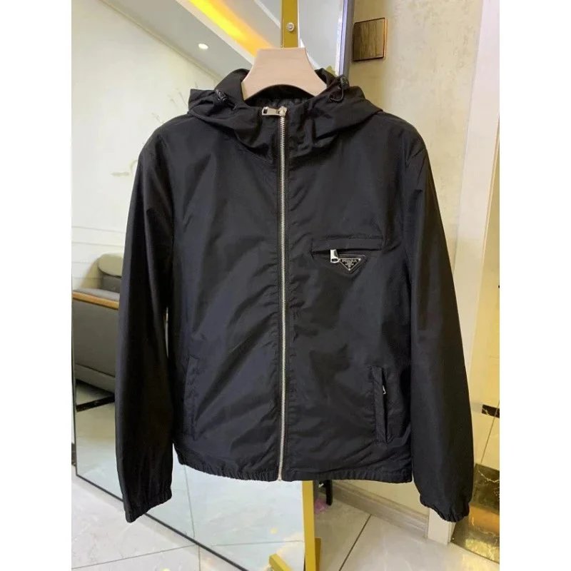 Prada Jackets Hooded zip-up windbreaker with triangle chest plaque — Black