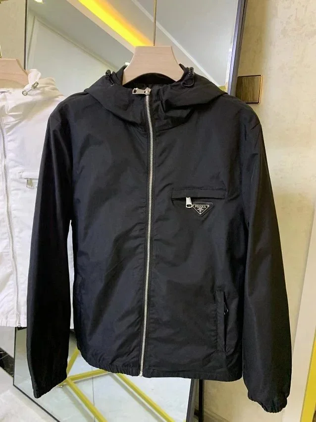 Prada Jackets Hooded zip-up windbreaker with triangle chest plaque product detail image 7