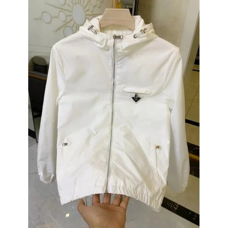 Prada Jackets Hooded zip-up windbreaker with triangle chest plaque — white