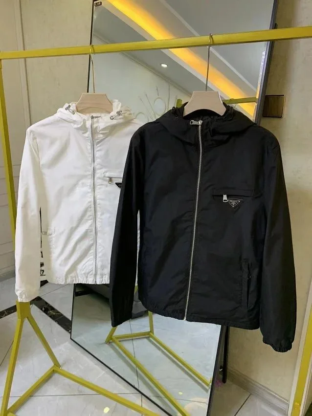 Prada Jackets Hooded zip-up windbreaker with triangle chest plaque product detail image 3