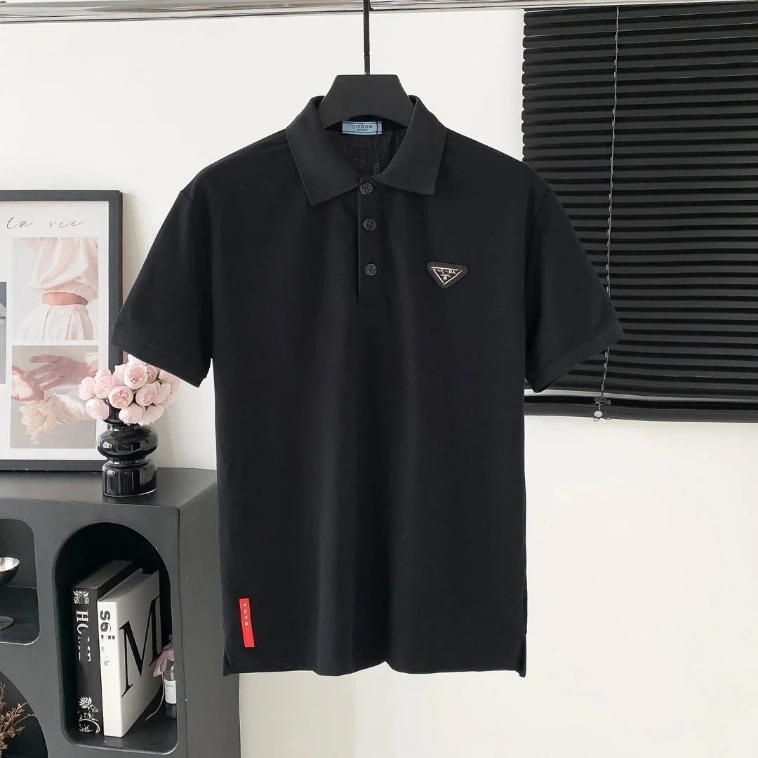 Prada Shirts Short-Sleeve Polo Shirt with Triangle Logo Patch — Black
